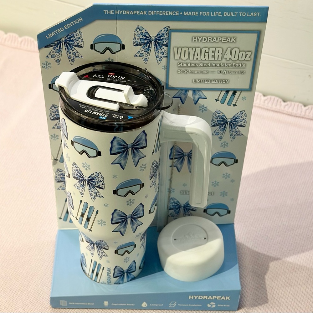 Hydrapeak Voyager 40oz Travel Mug Tumbler Ski Goggles Winter Snow Bows Gift Set
